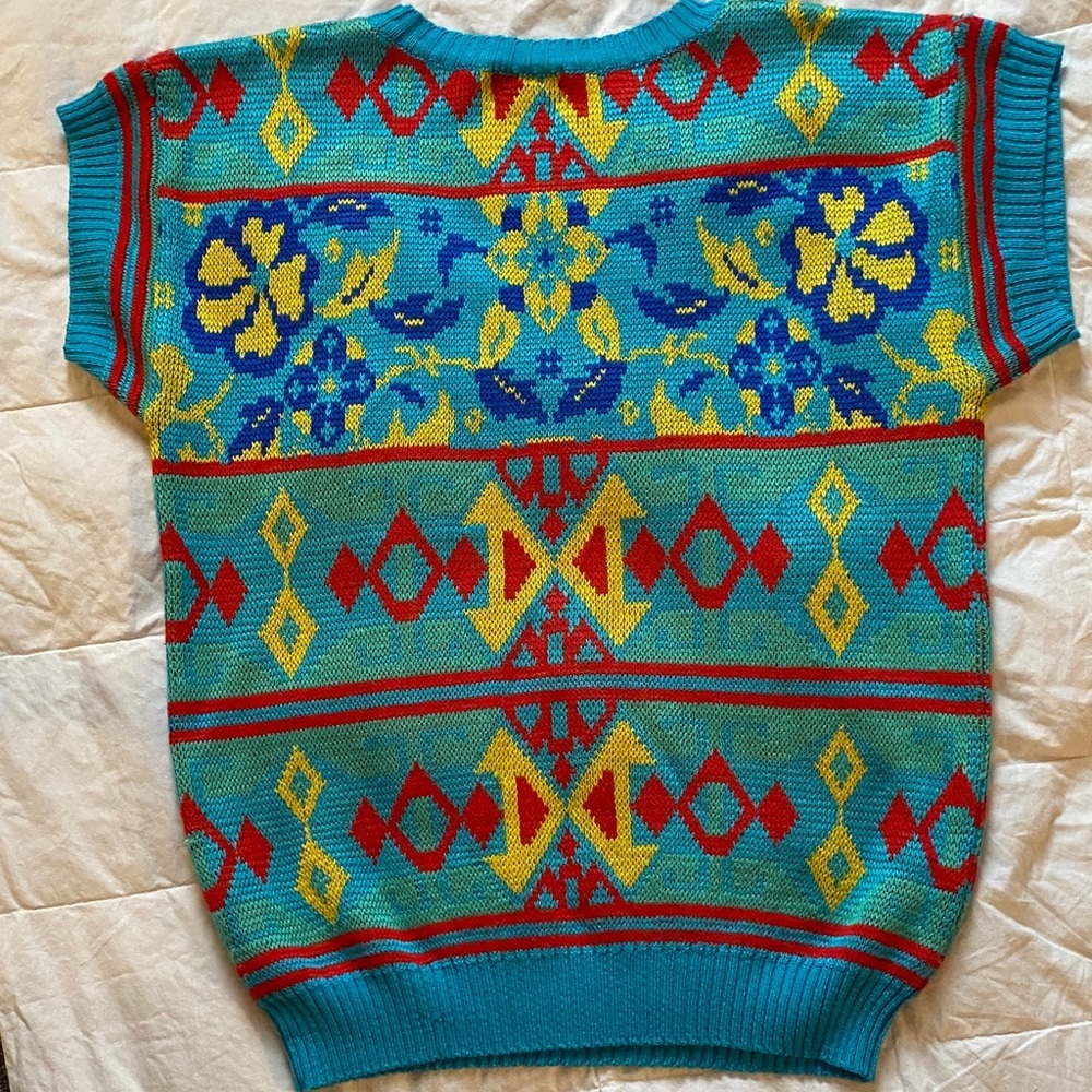 Jump By Eve Roth Turquoise Knit sweater with Geometric & Floral Motifs - Picture 3 of 3